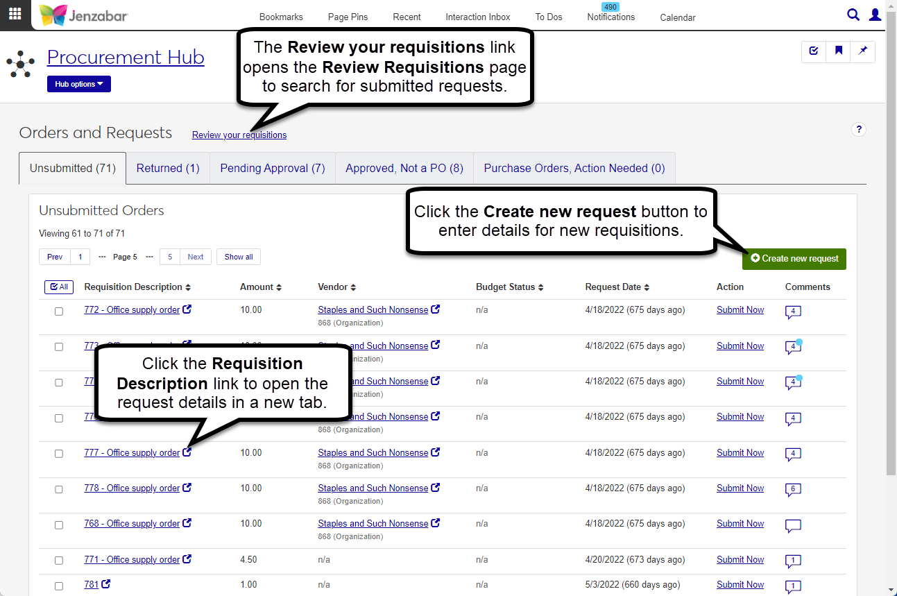 Orders and Requests page to review requisitions and purchase orders in different statuses.