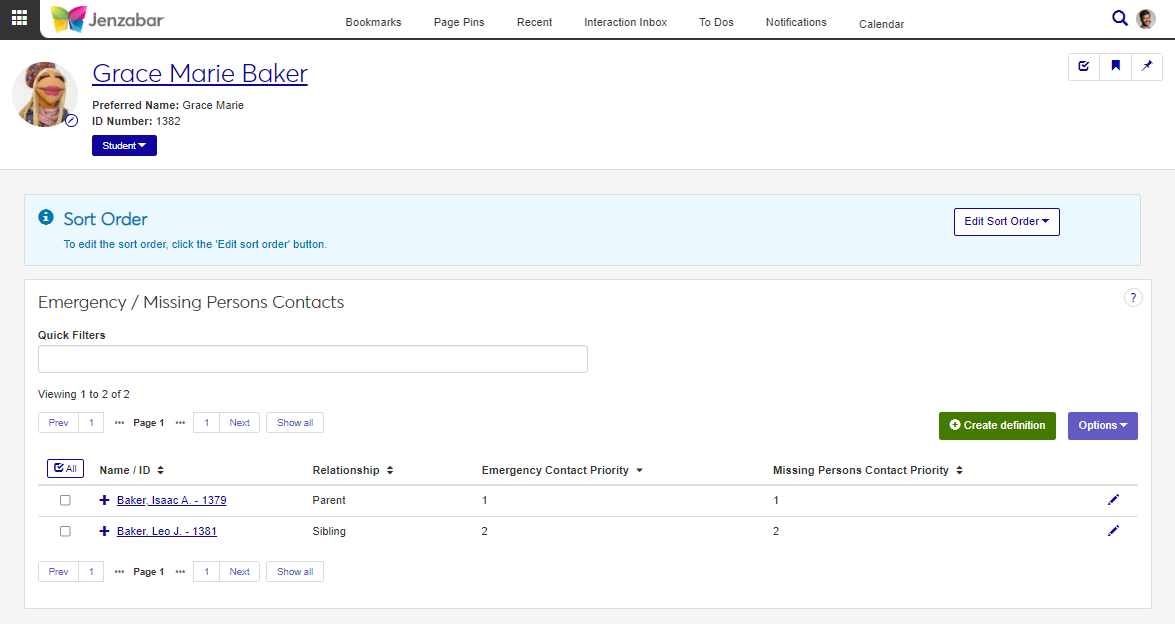 Emergency / Missing Person Contacts page.