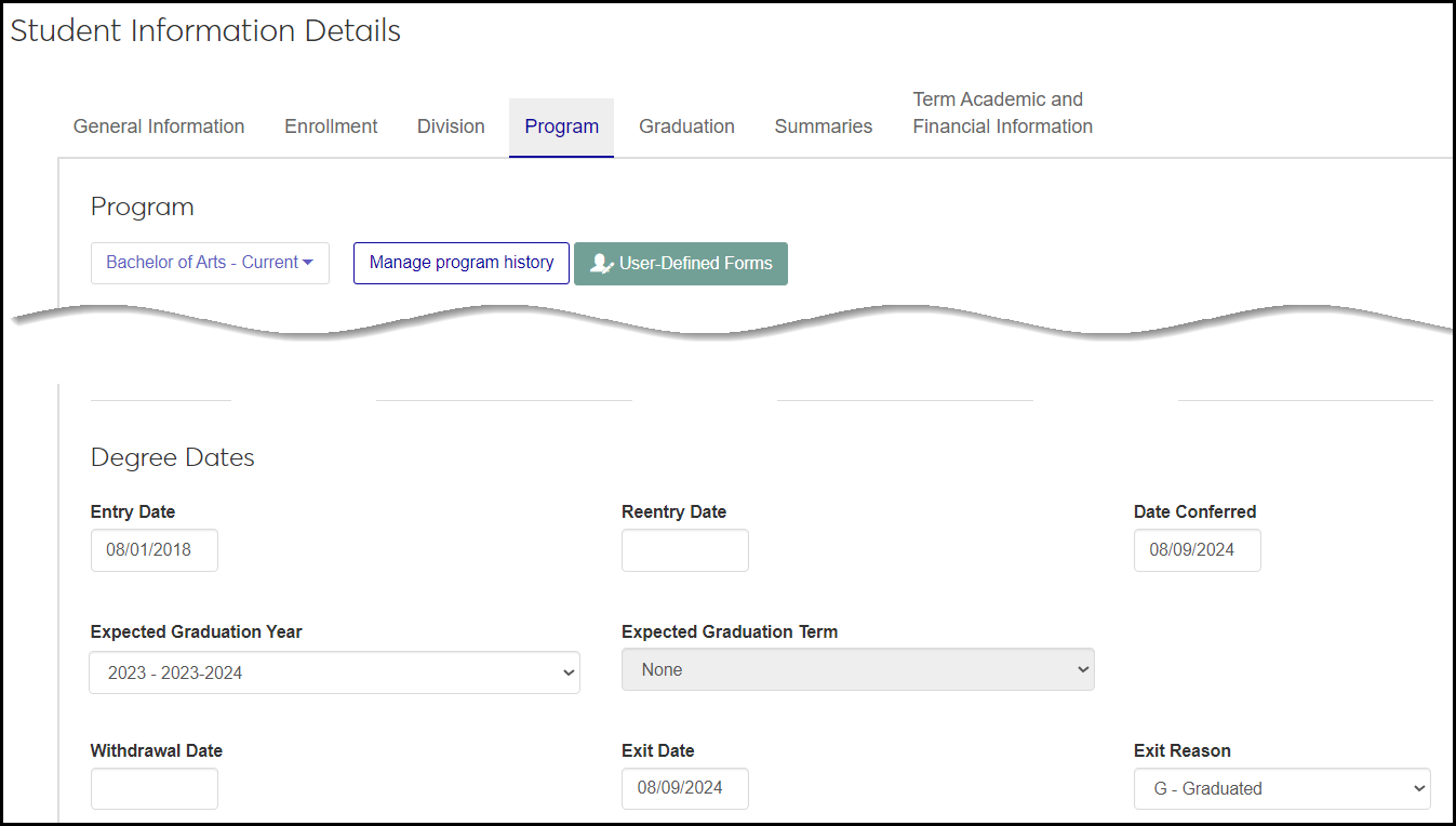Student Information Details page, Program tab, showing a Degree Exit Date entered and an Exit Reason of Graduated selected