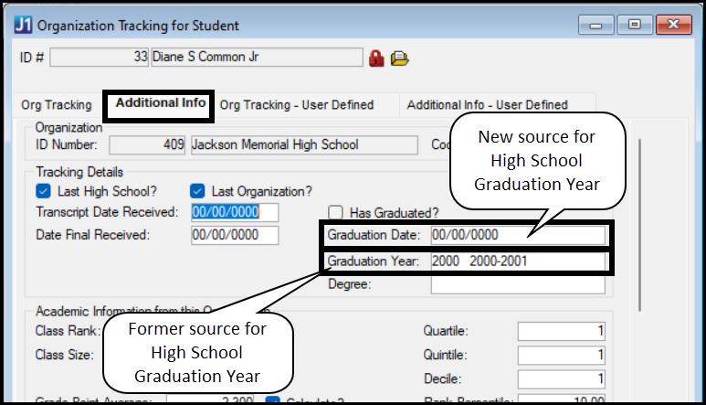 Organization Tracking for Student window with callouts to show that High School Graduation Year now comes from the Graduation Date field