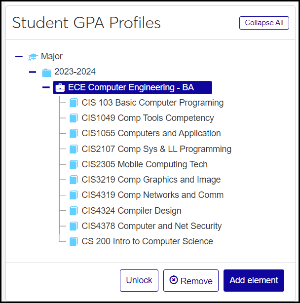 Student GPA Profile page showing a student's Major program (Computer Engineering BA) and its course requirements