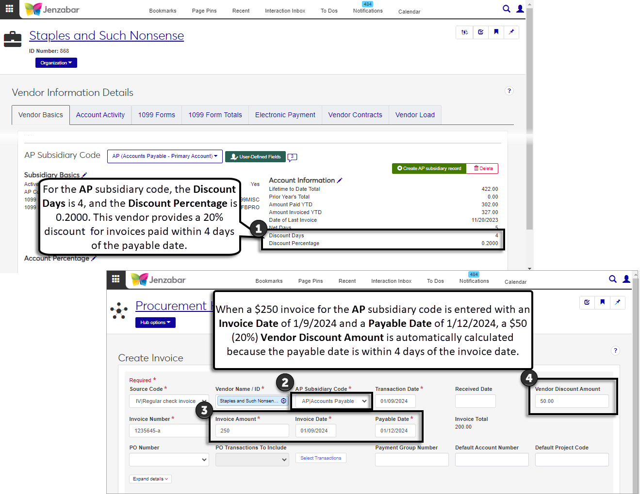 Vendor Information Details page, Vendor Basics tab, AP Subsidiary Code section with the Discount Days and Discount Percentage highlighted. On the Create Invoice page, the Vendor Discount Amount calculates automatically if the Payable Date is within the specified number of Discount Days from the Invoice Date.