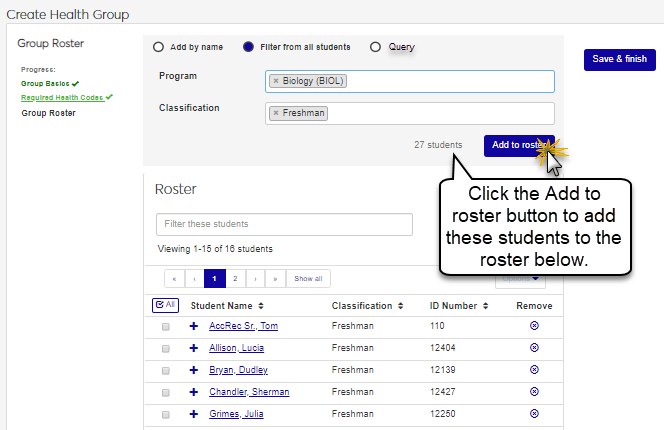 Create Health Group window - Add to roster button highlighted