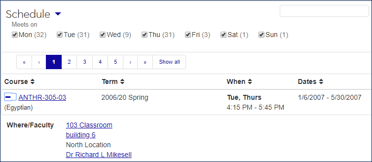 Course List, Schedule view showing one section expanded