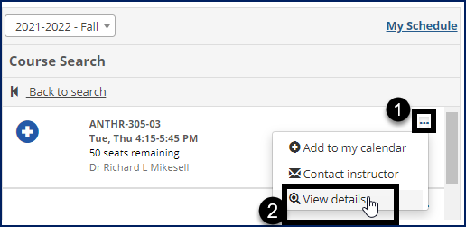 Course Search showing the drop-down menu on a course section with the "View details" option.