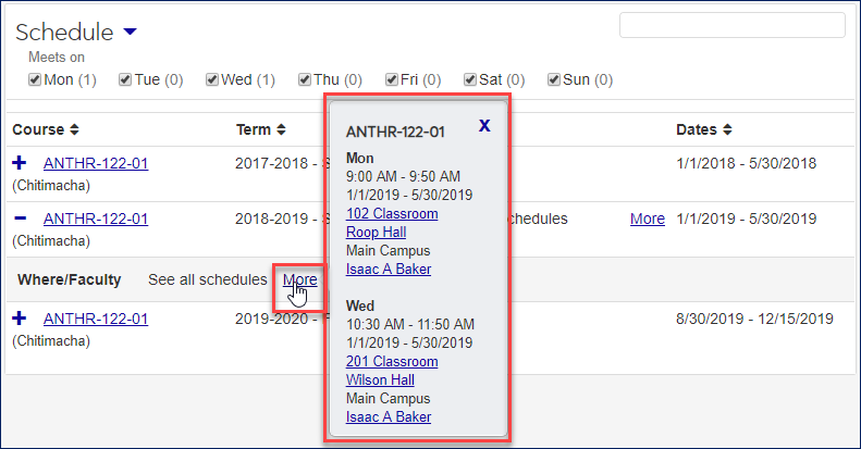 Course List, Schedule view, showing complex schedule expanded