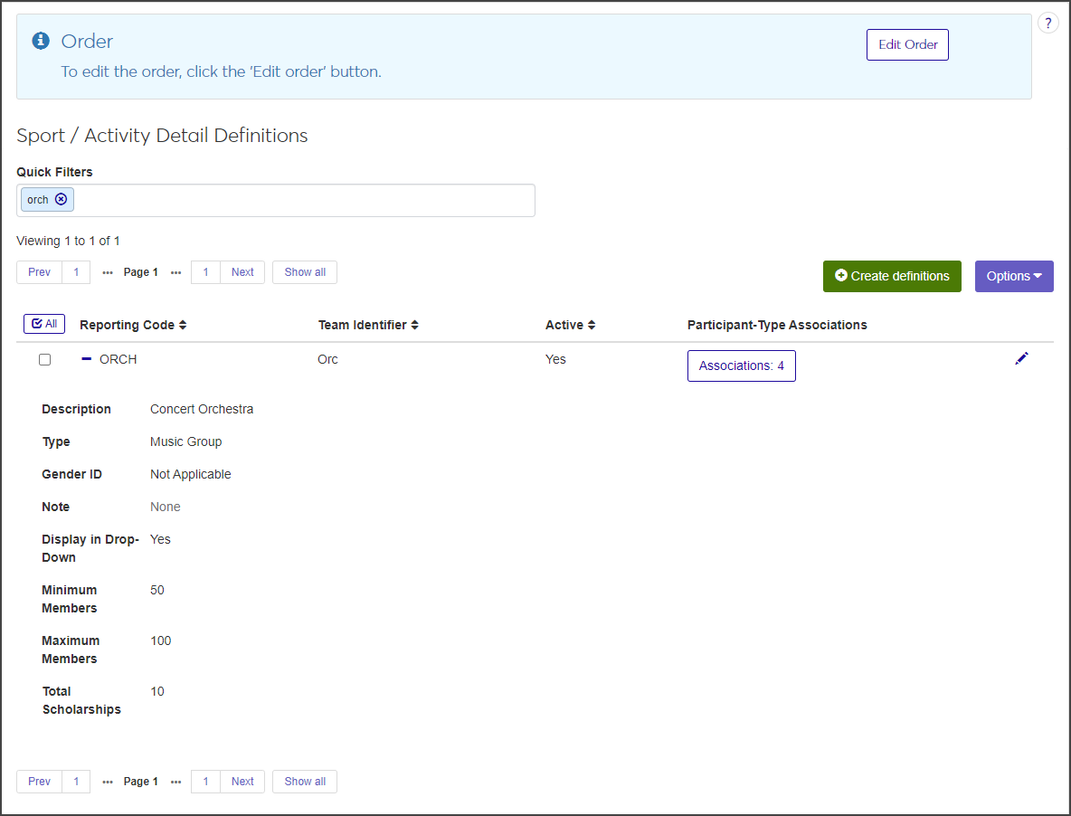 Sport/Activity Detail Definitions page - row expanded