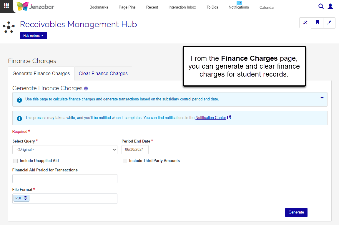 Finance Charges page with tabs to Generate Finance Charges and Clear Finance Charges.