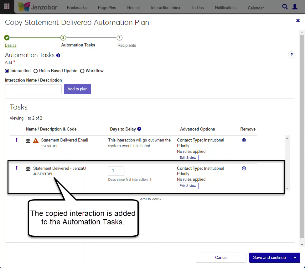 The Automation Tasks step of the Copy Automation Plan wizard with the copied interaction highlighted in the Tasks list.