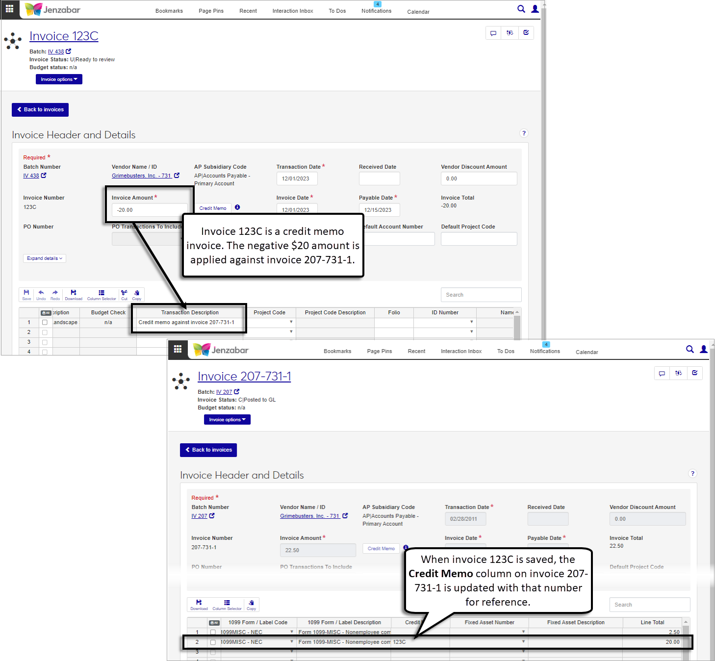Invoice details page when a credit memo has been applied.