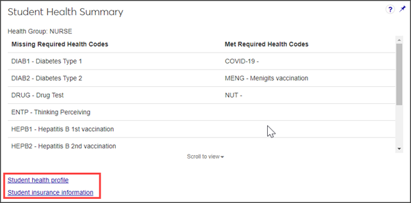 Student Health Summary block - links to insurance info highlighted