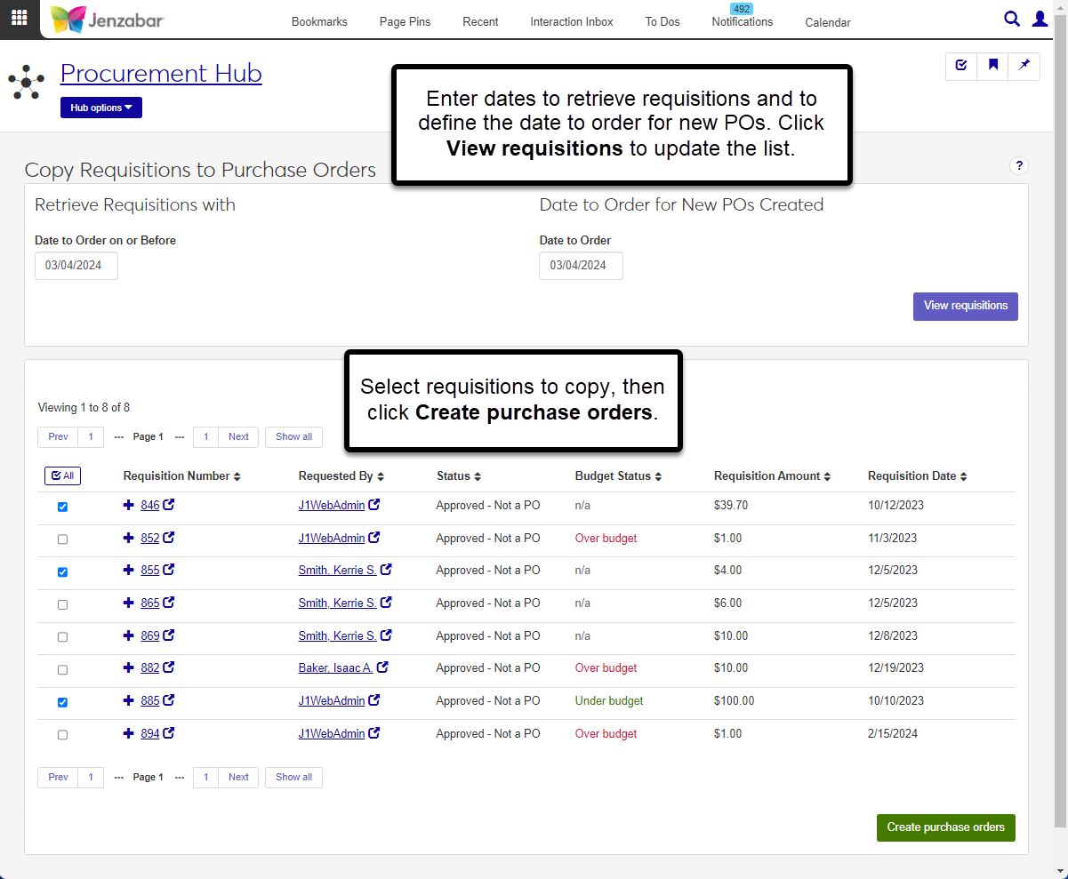 Copy Requisitions to Purchase Orders page with date criteria at the top and the list of requisitions that meet the criteria on the bottom of the page.