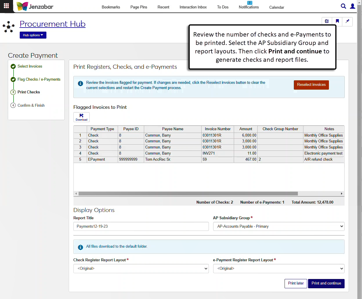 Step 3 of the Create Payment process, where the AP Subsidiary Group and check/e-Payment register report layouts are selected and checks are printed.