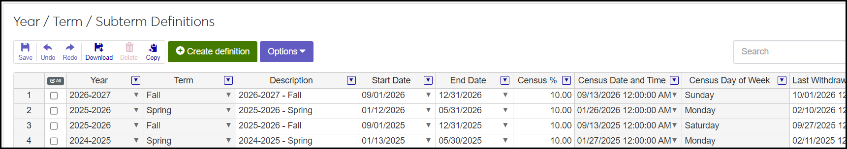 The Year / Term / Subterm Definitions page showing the top 4 rows of year/terms. It also shows the "Create definitions" button and the "Options" drop-down button.