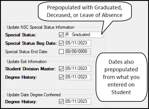 Part of the Cross Table Student Information Update window showing a student's NSC Special Status prepopulated with the information from the Student information window. The status of Graduated is preselected, as is the graduation date, and the target tables (Student Division Master and Degree History) are preselected.