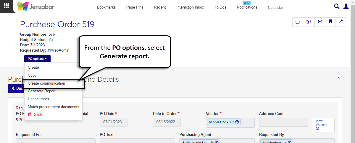 Purchase Order Header and Details page with the PO options drop-down expanded and the Create communication option selected.