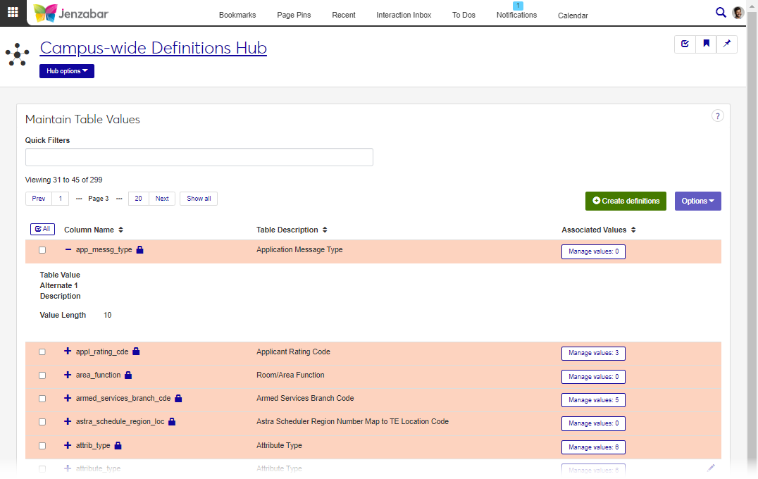 Maintain Table Values page.