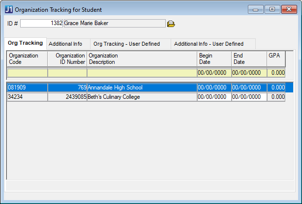 Desktop Organization Tracking for Student window.