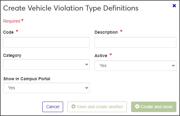 Create Vehicle Violation Type Definitions window