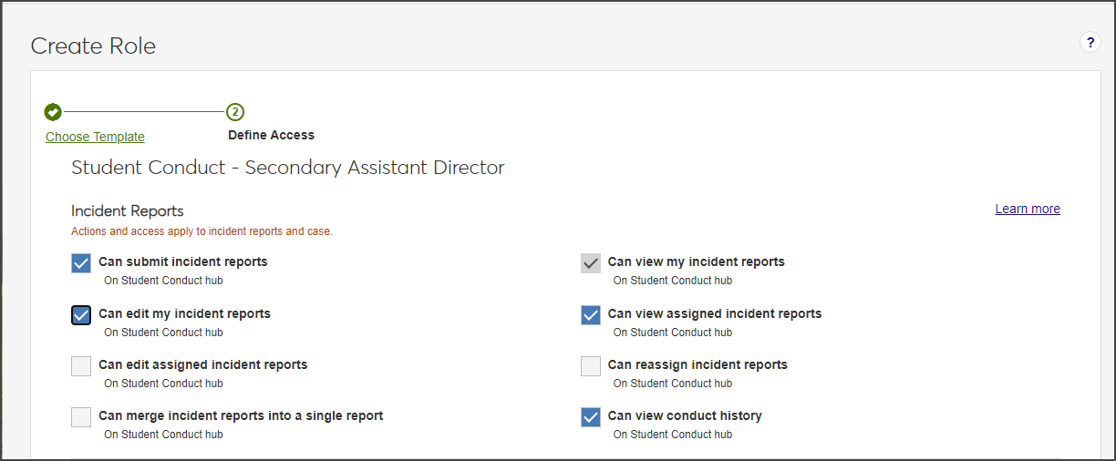 Create new Student Conduct Role - select permissions