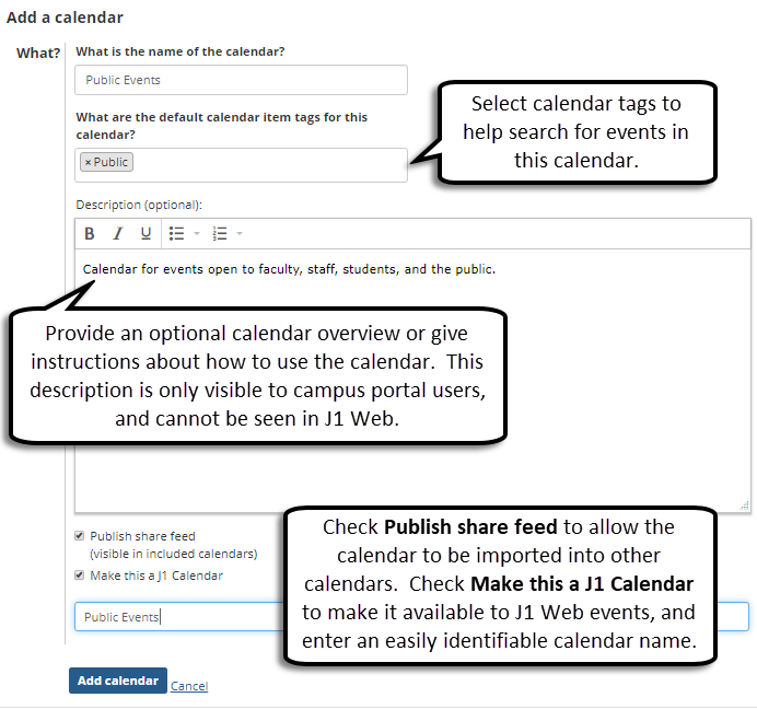 The campus portal Add a calendar page with details about selecting calendar tags, descriptions, and publishing.