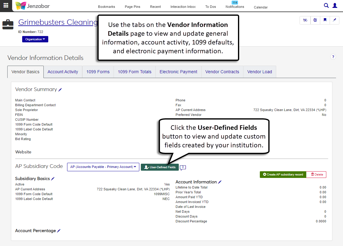 Vendor Information Details page.