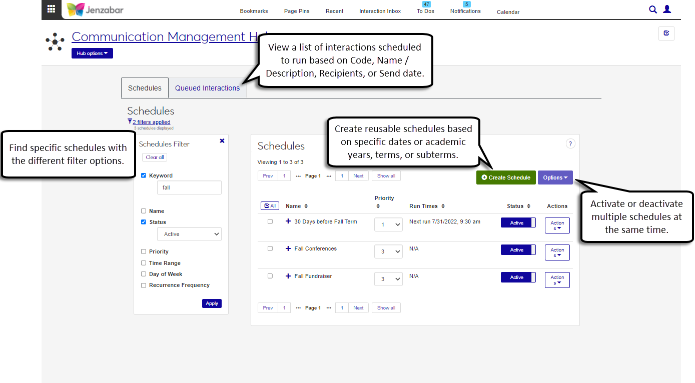 Communication Management Schedules page.