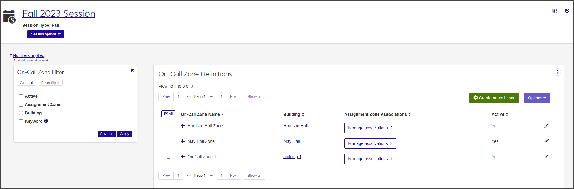 On-Call Zone Definitions page