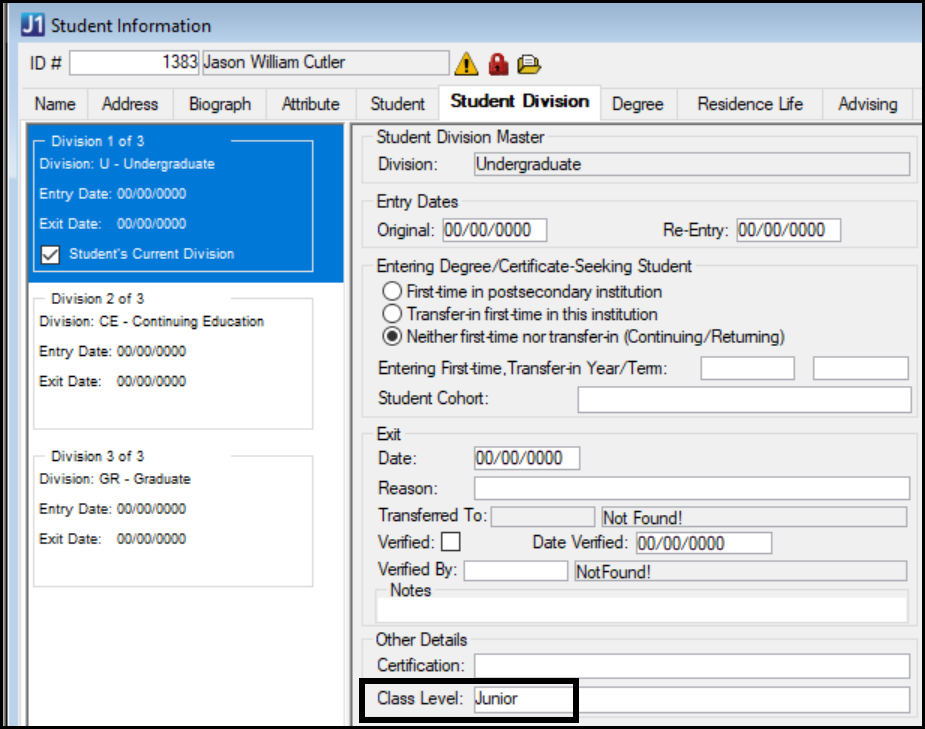 Classification in Desktop on the Student Information window, Student Division tab