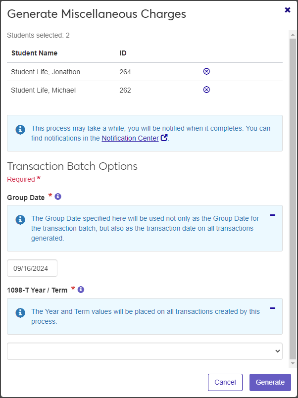 Generate Miscellaneous Charges window