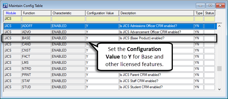Desktop Maintain Config Table window with the JICS Base configuration enabled.