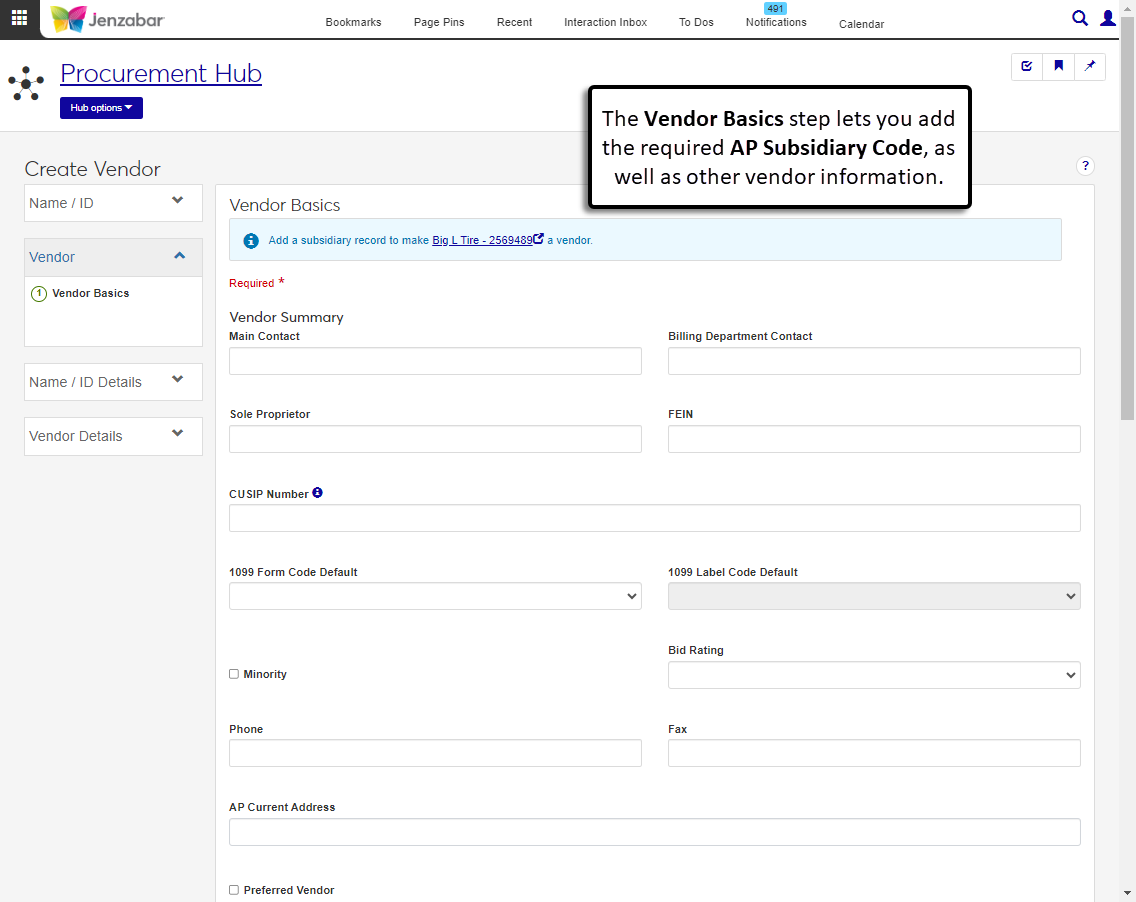 Create Vendor process, Vendor Basics step where the AP Subsidiary Code and other vendor information is added to the record.