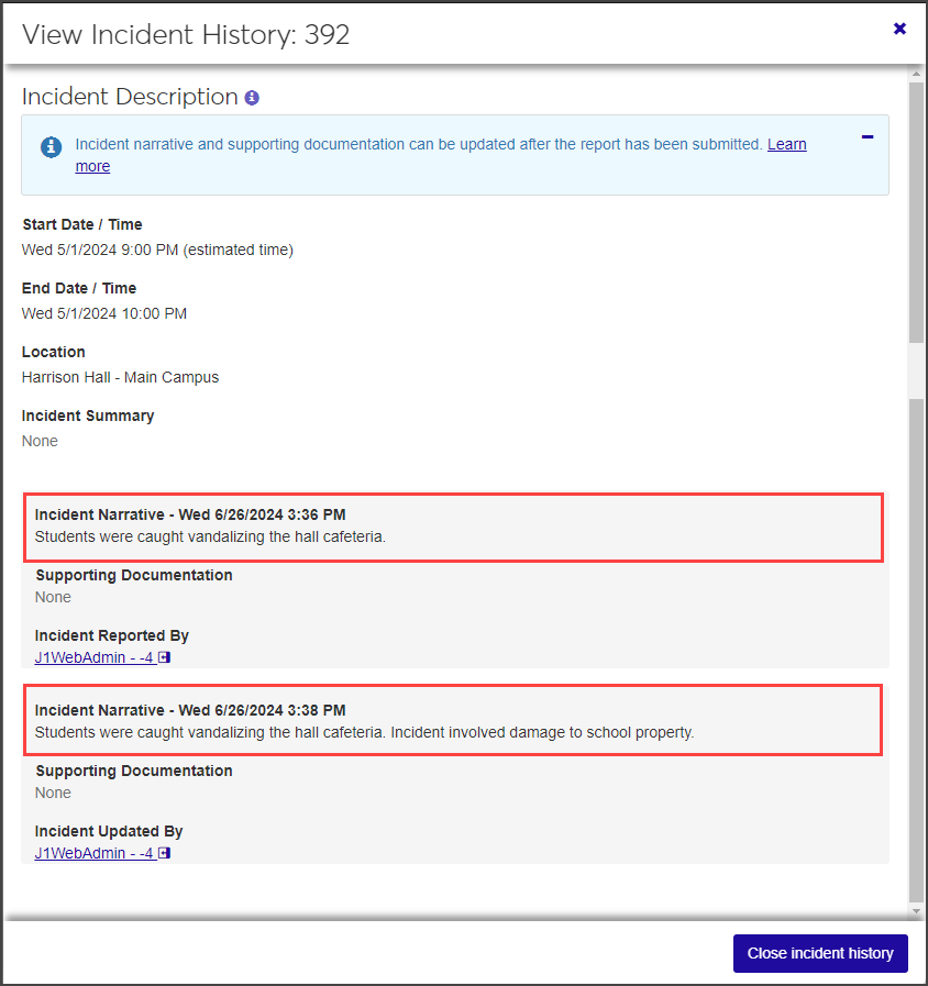 View Incident History page