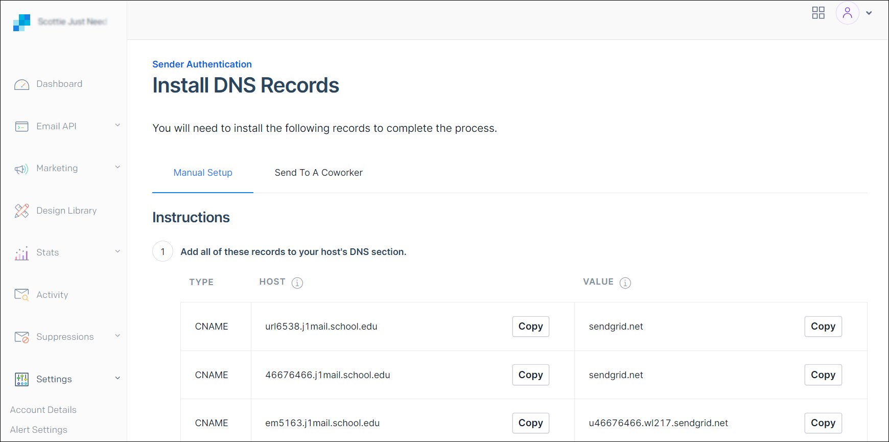 Send Grid setup, Install DNS Records page.