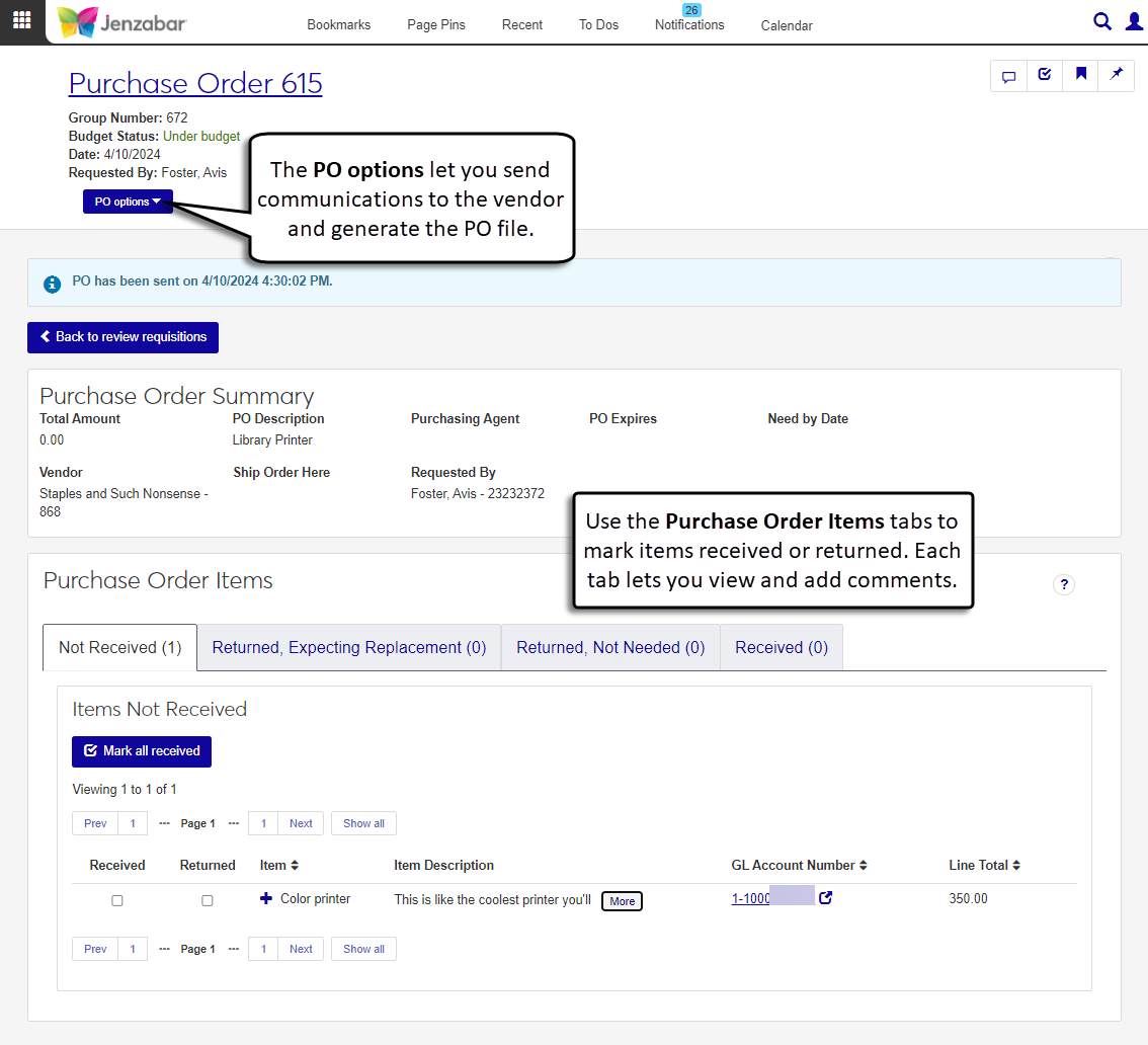 Simplified Purchase Order Details page with different tabs to receive and return line items.
