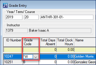 Grade Entry window in J1 Desktop showing a grade of *W in the Grade Code column for a student