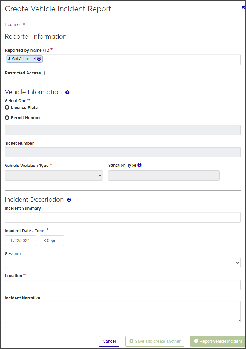 Create Vehicle Incident Report window