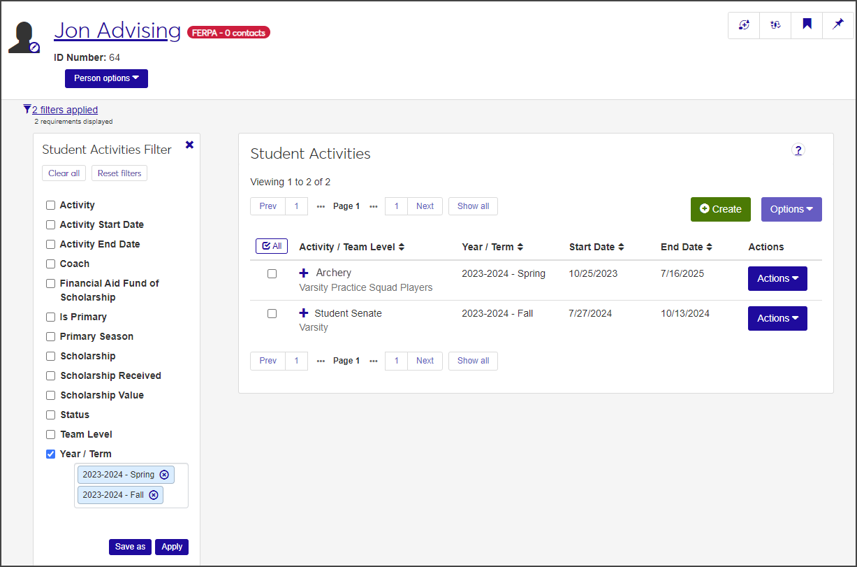 Student Activities page