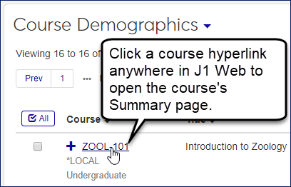 Click on a course hyperlink to go to the course's Summary page.
