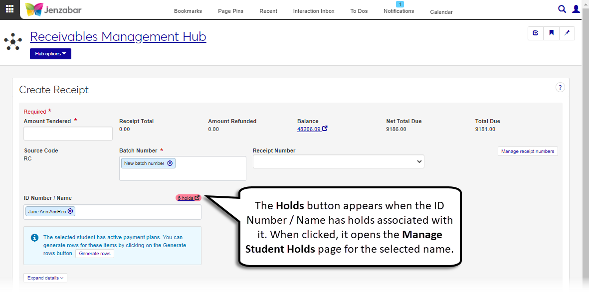 Create Receipt page with the Holds button visible for an ID Number associated with a hold.