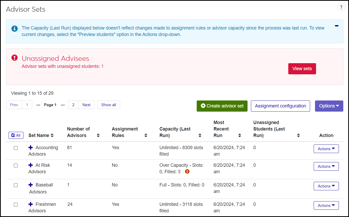 The Automated Advisor Assignment page showing a list of advisor sets