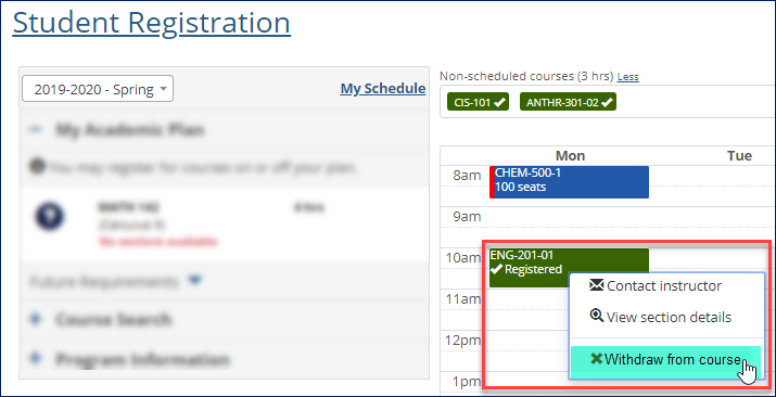Student Registration feature in the Campus Portal showing a student withdrawing from a course section on their planning calendar