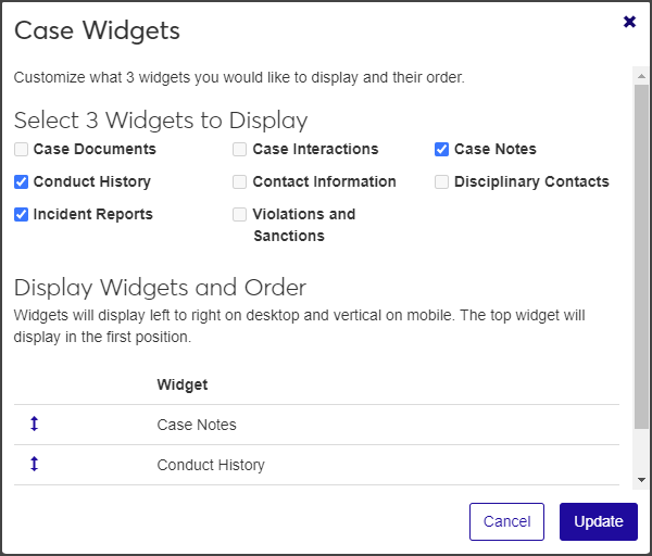 Manage Case Widgets window