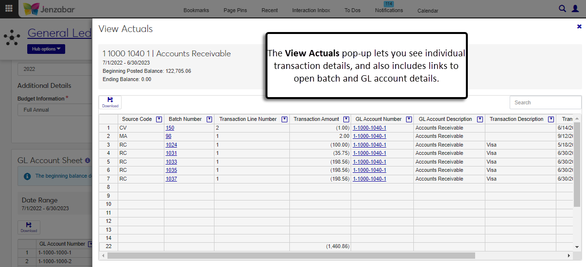 View Actuals pop-up from the GL Account Activity page.