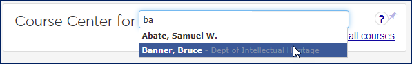 Course Center block with part of a faculty name entered in the search field. The user is selecting one of the matching names.