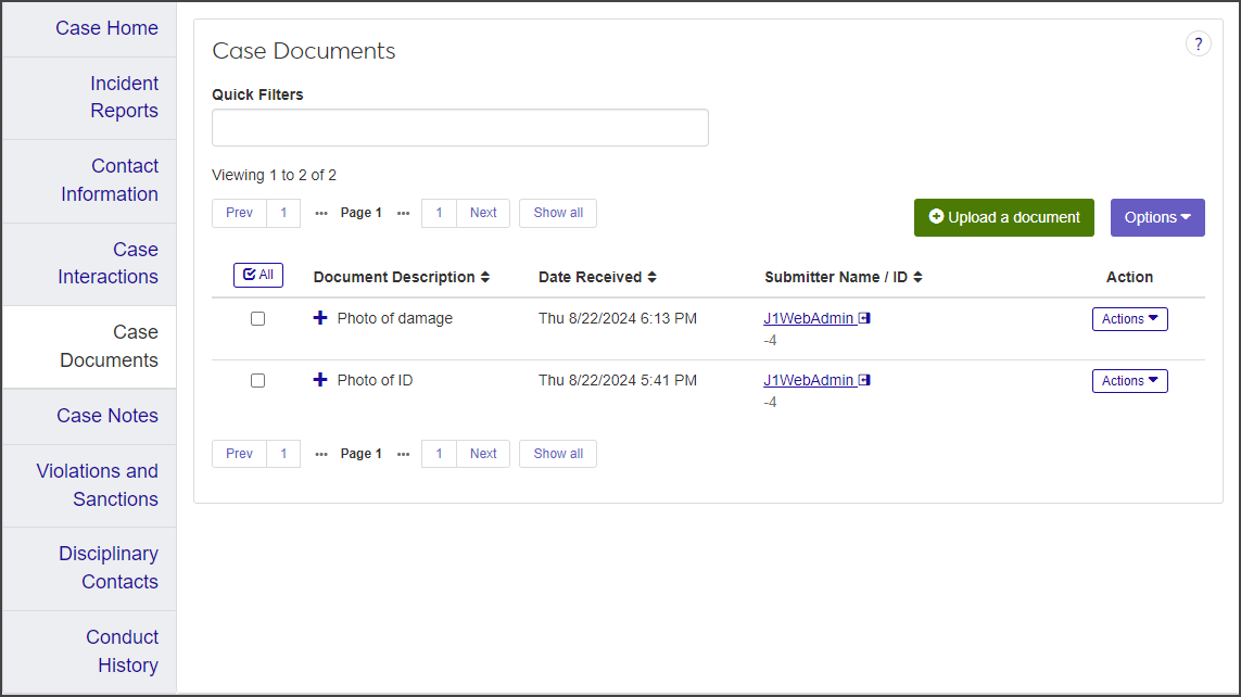Case summary page - Case Documents tab