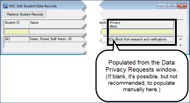 NSC Edit Student Data Records window showing the Privacy block column. A callout says the column is populated from the Data Privacy Requests window and that it's possible but not recommended to populate the field manually on this window.
