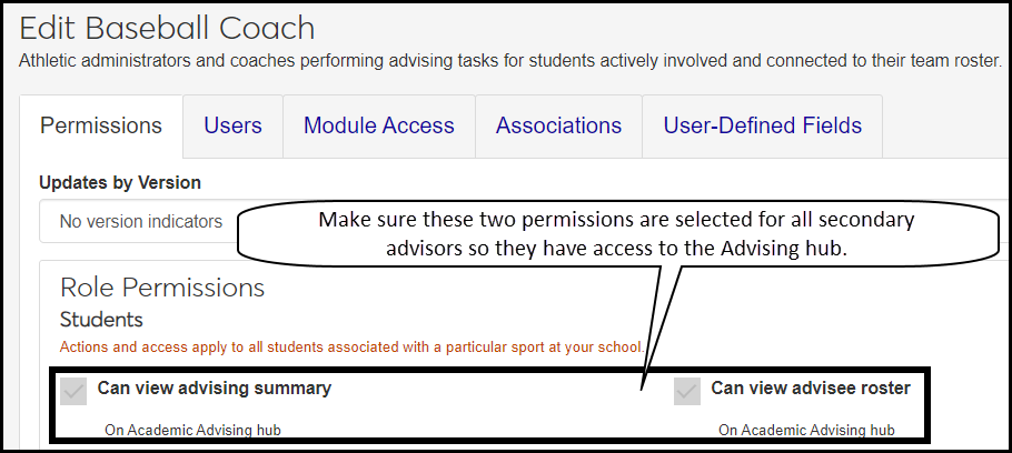 Edit Secondary Advisors page showing the two needed permissions: Can view advising summary, and Can view advising roster