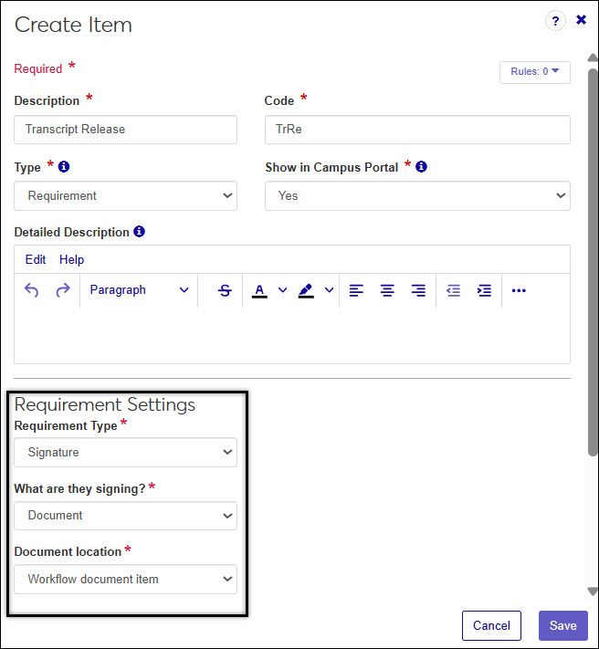 Screenshot of Workflow, Create/Edit Stage Item, Signature requirement, Document option selected