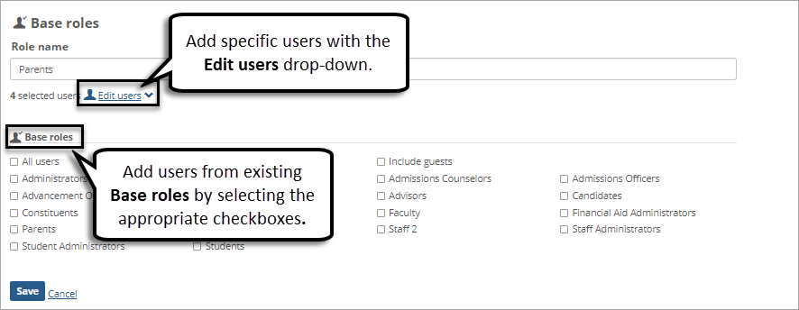 Campus Portal base role definition page with options to add users individually or by groups.